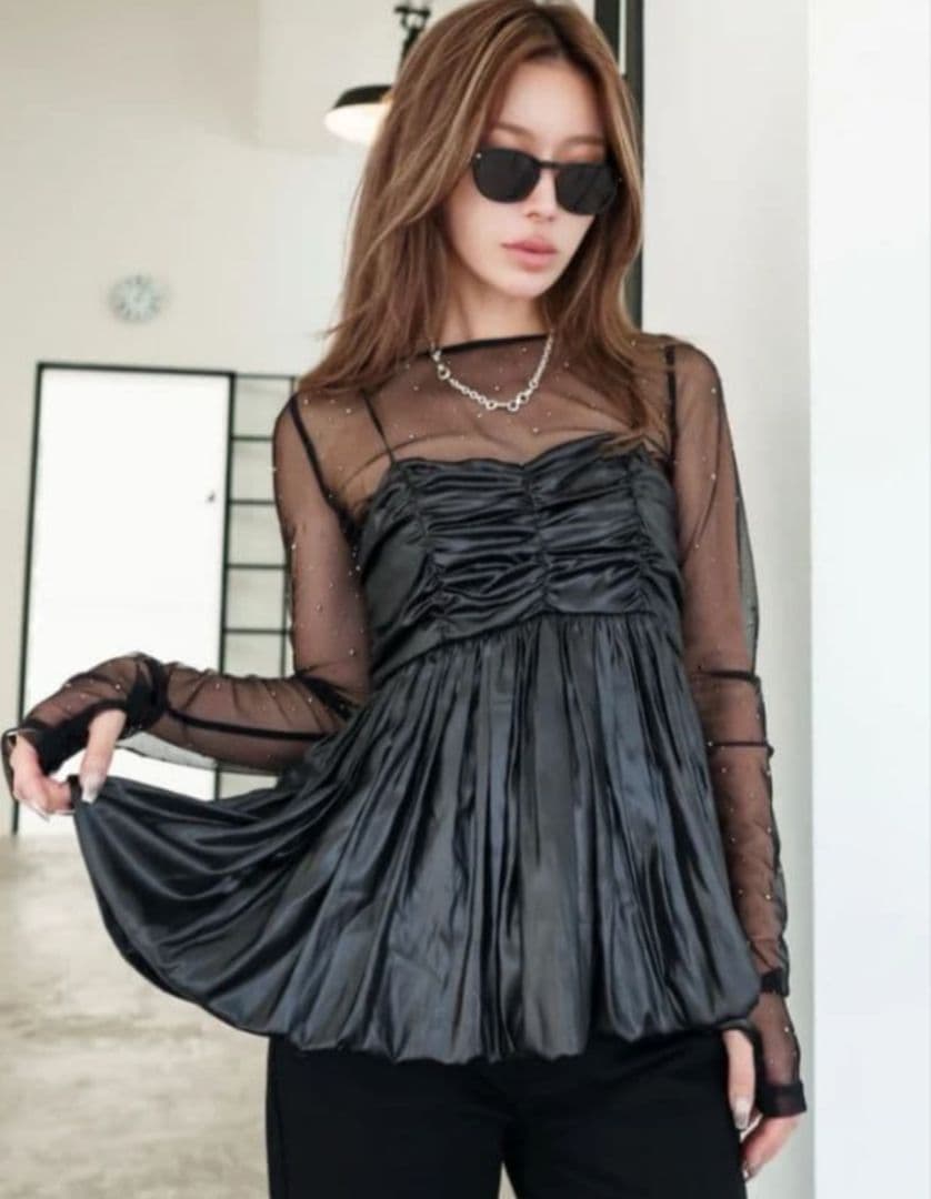 グラムリップス ラインストーン シアーロングスリーブトップス ブラック