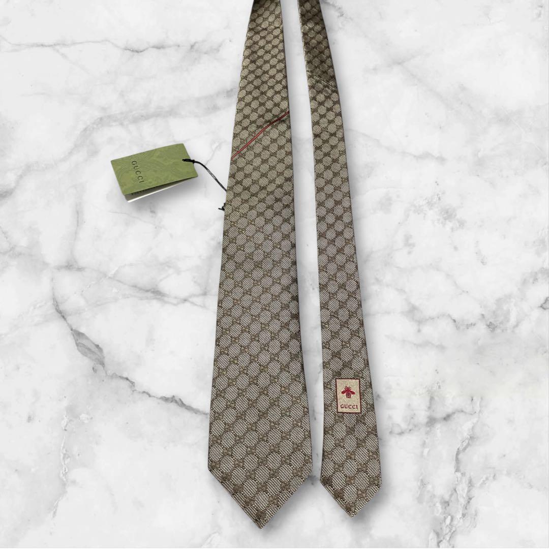 【未使用】GUCCI グッチ　ネクタイ　ブラウン　タグ　GG シェリーライン