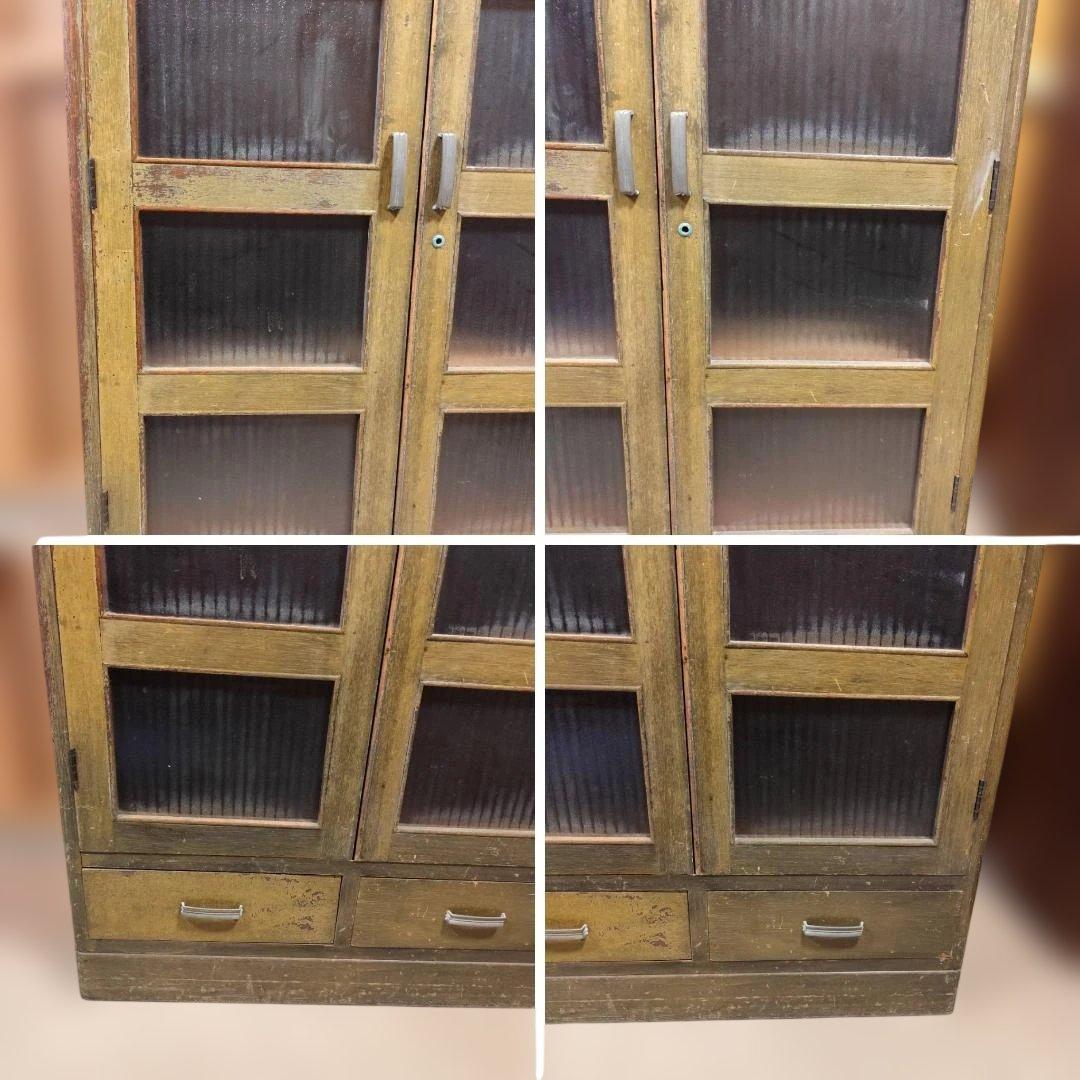 訳あり 昭和レトロ キャビネット モールガラス 収納棚 本棚 修復あり