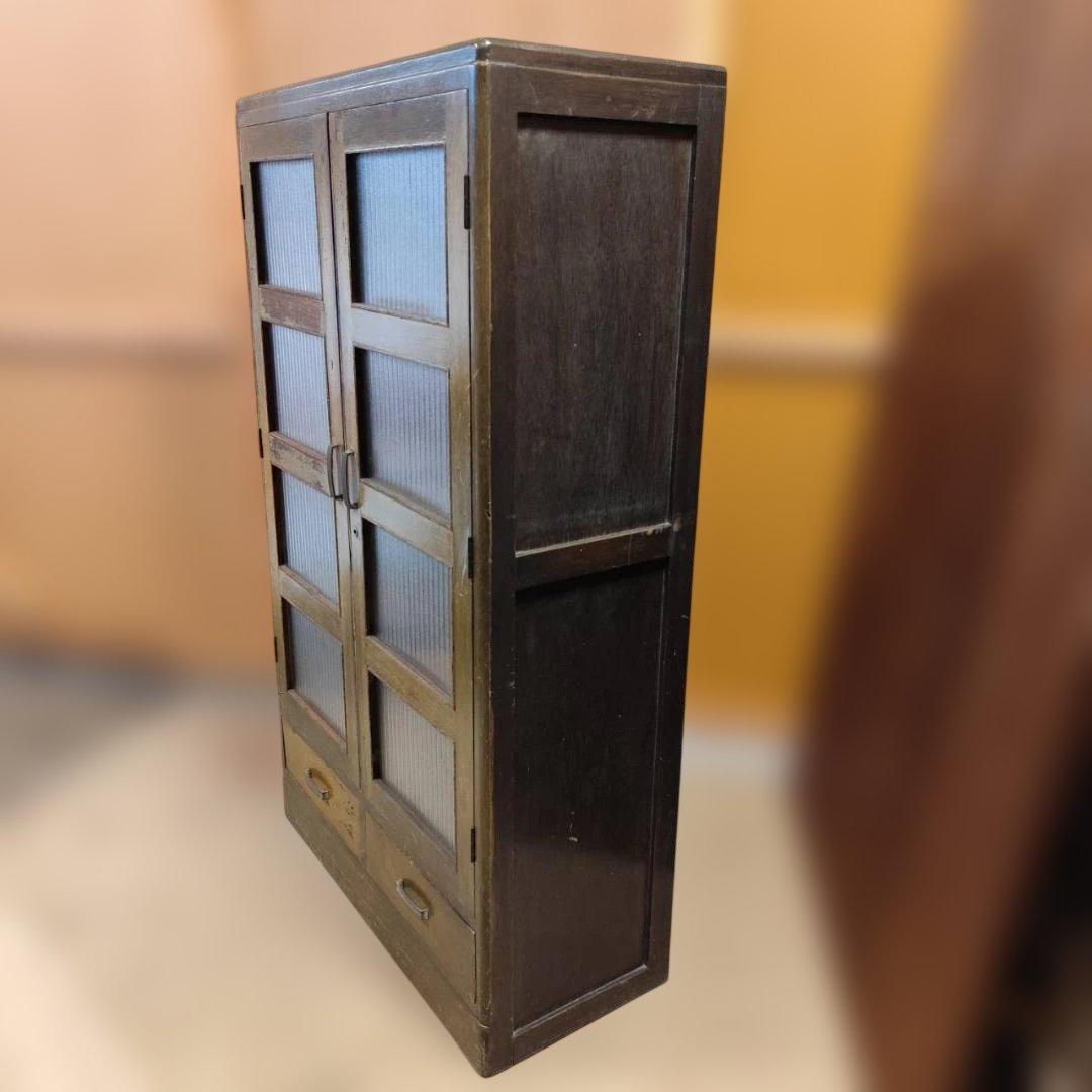 訳あり 昭和レトロ キャビネット モールガラス 収納棚 本棚 修復あり
