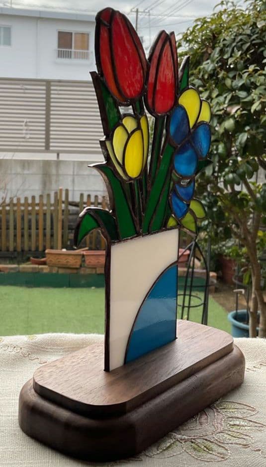 ステンドグラスパネル　チューリップとパンジー