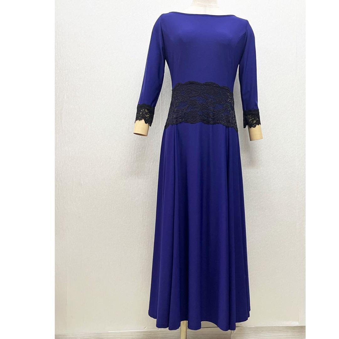 新品 社交ダンス ワンピース 青紫 無地 サイズML