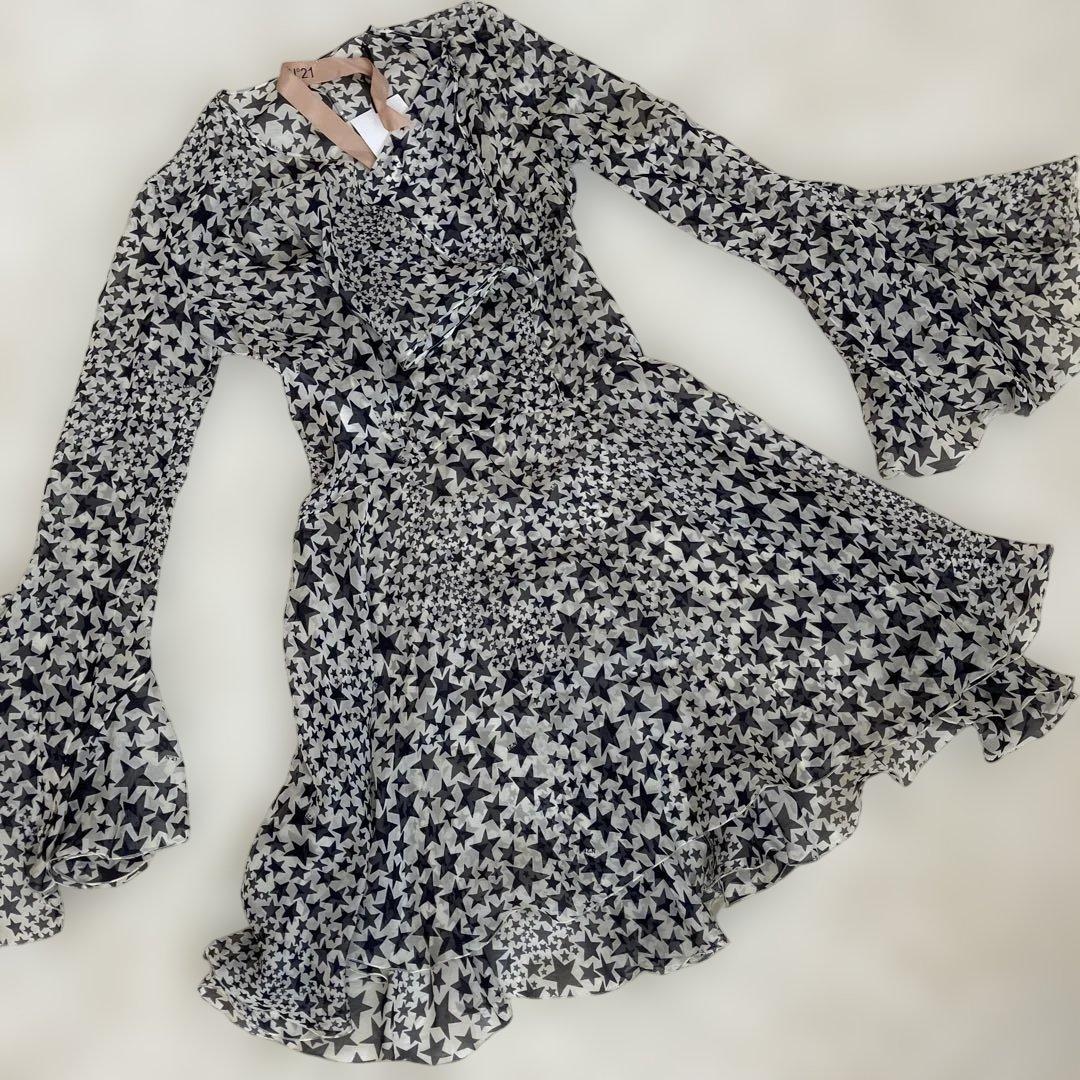 【美品】N°21 シフォンワンピース 絹100% スター 星柄 フレア