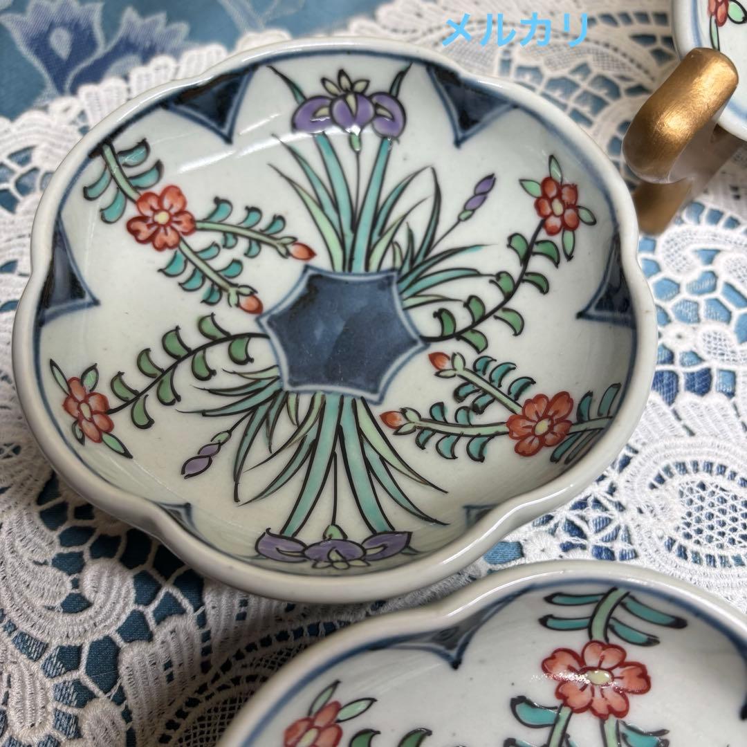 佐藤走波(六代)　染錦菖蒲花文　輪花皿　5枚　希少