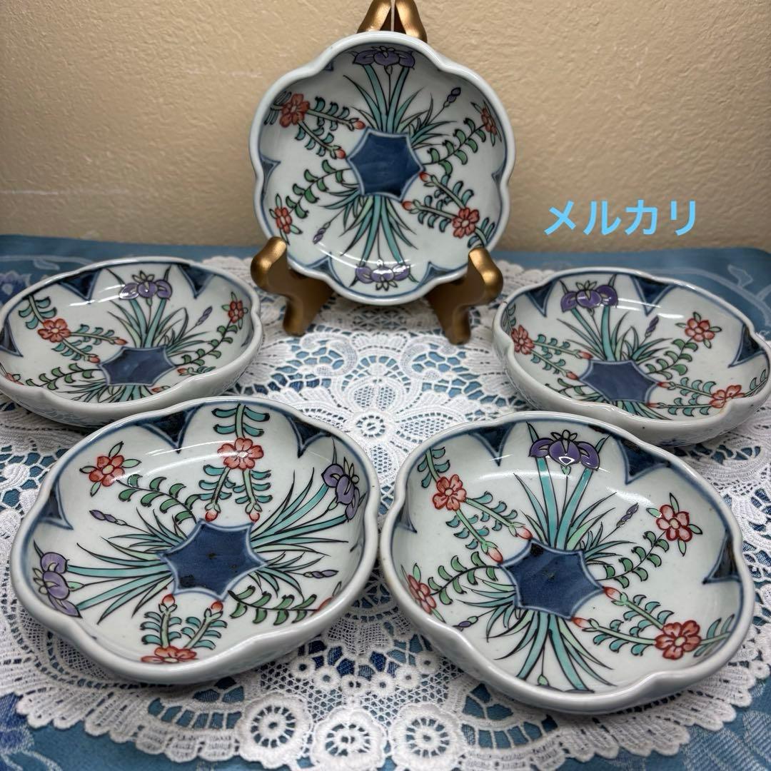 佐藤走波(六代)　染錦菖蒲花文　輪花皿　5枚　希少