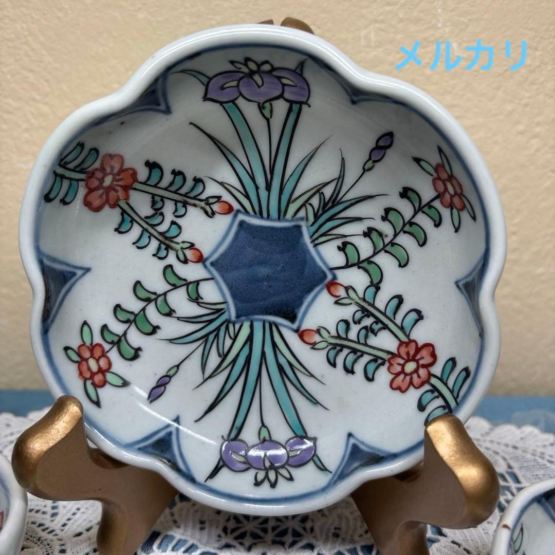 佐藤走波(六代)　染錦菖蒲花文　輪花皿　5枚　希少