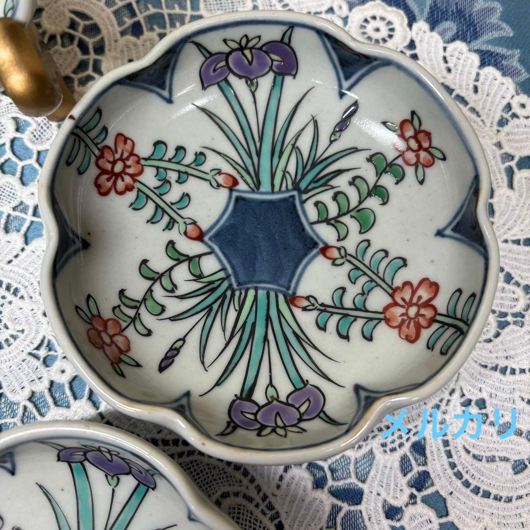 佐藤走波(六代)　染錦菖蒲花文　輪花皿　5枚　希少