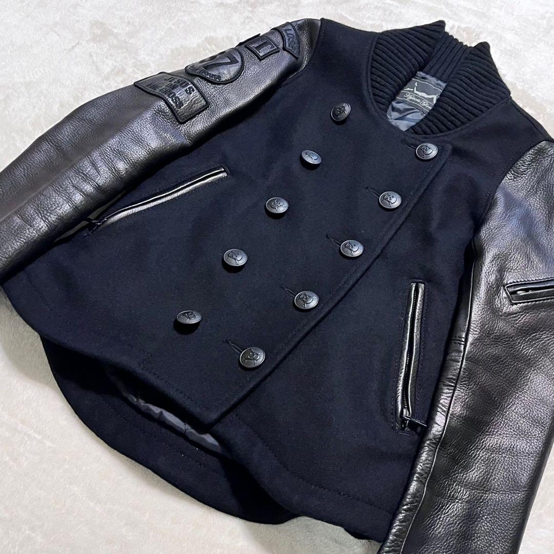 ヒステリックグラマー ワッペン スカルボタン 袖レザー スタジャン Pコート