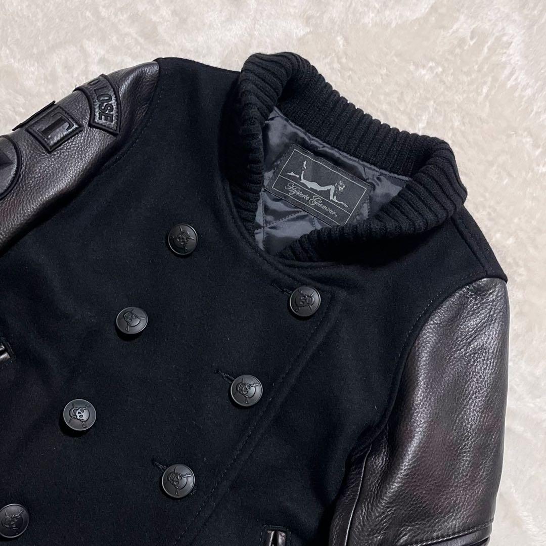 ヒステリックグラマー ワッペン スカルボタン 袖レザー スタジャン Pコート