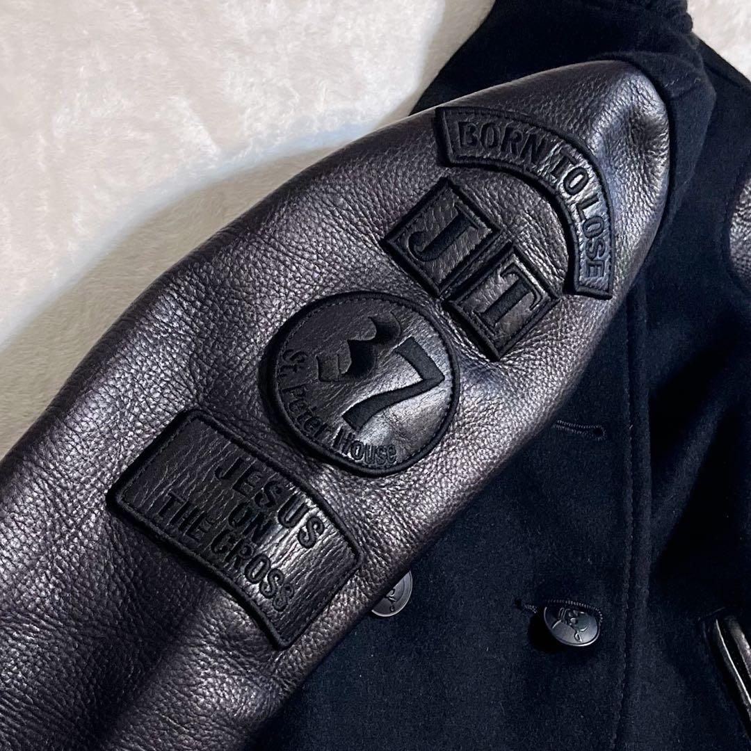 ヒステリックグラマー ワッペン スカルボタン 袖レザー スタジャン Pコート