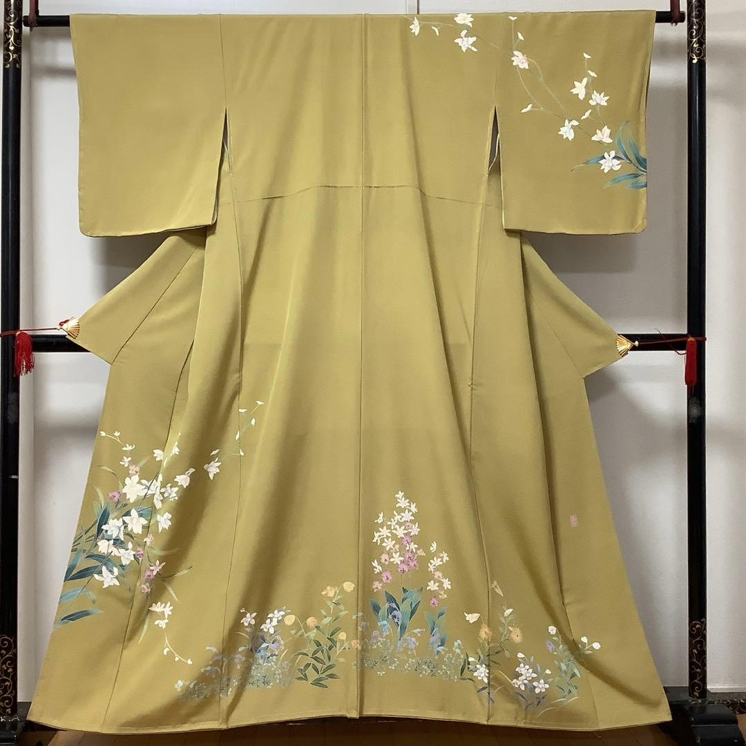 【惣次郎】十日町友禅！作家物！正絹訪問着〜山吹色地に水仙〜