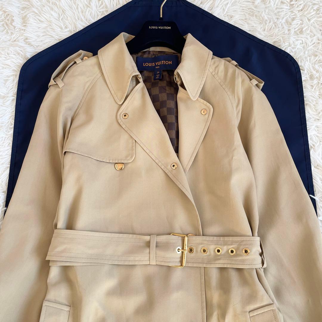 未使用級　ルイヴィトン　トレンチコート　ダミエ　レザーベルト　金ボタン　ベージュ