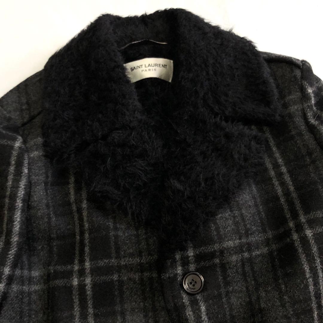 SAINT LAURENT PARIS 19AW ウール ボア チェックコート