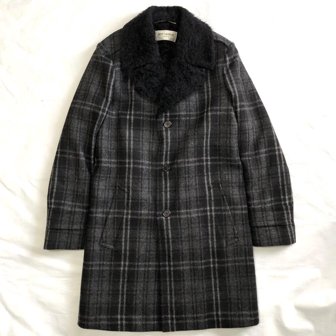 SAINT LAURENT PARIS 19AW ウール ボア チェックコート