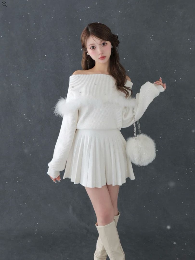 Fur bijou off shoulder mini onepiece 白