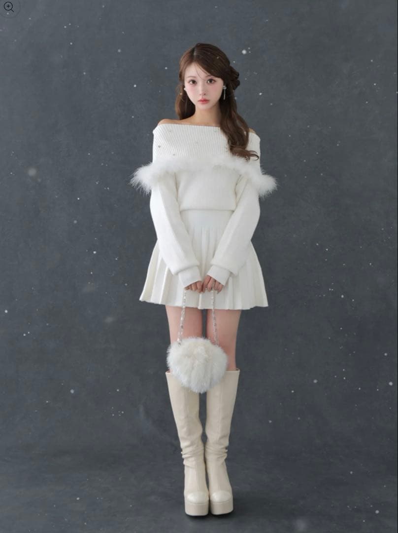 Fur bijou off shoulder mini onepiece 白