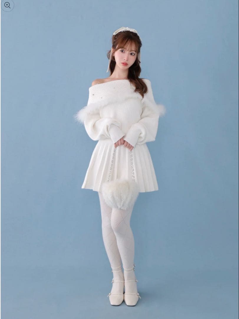 Fur bijou off shoulder mini onepiece 白