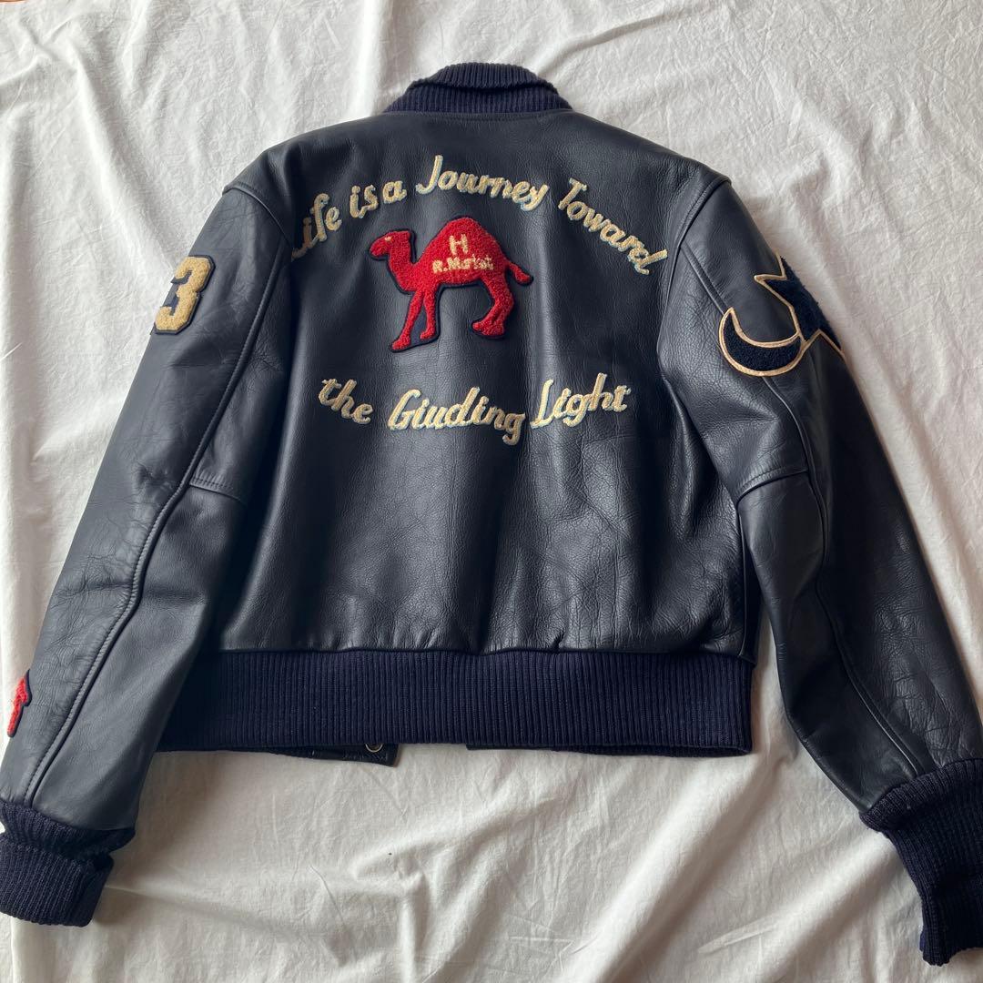 ハリウッドランチマーケット　レザースタジアムジャンパー　ネイビー