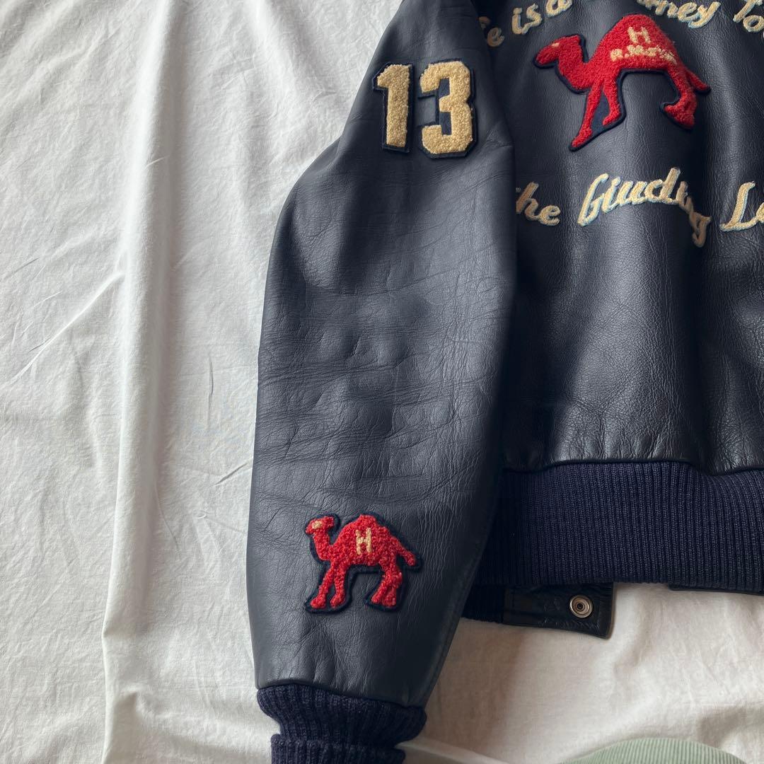 ハリウッドランチマーケット　レザースタジアムジャンパー　ネイビー