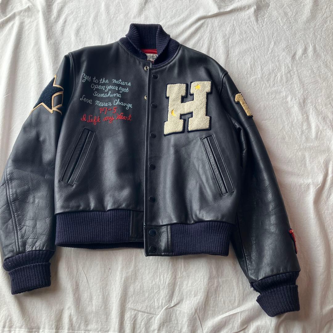 ハリウッドランチマーケット　レザースタジアムジャンパー　ネイビー