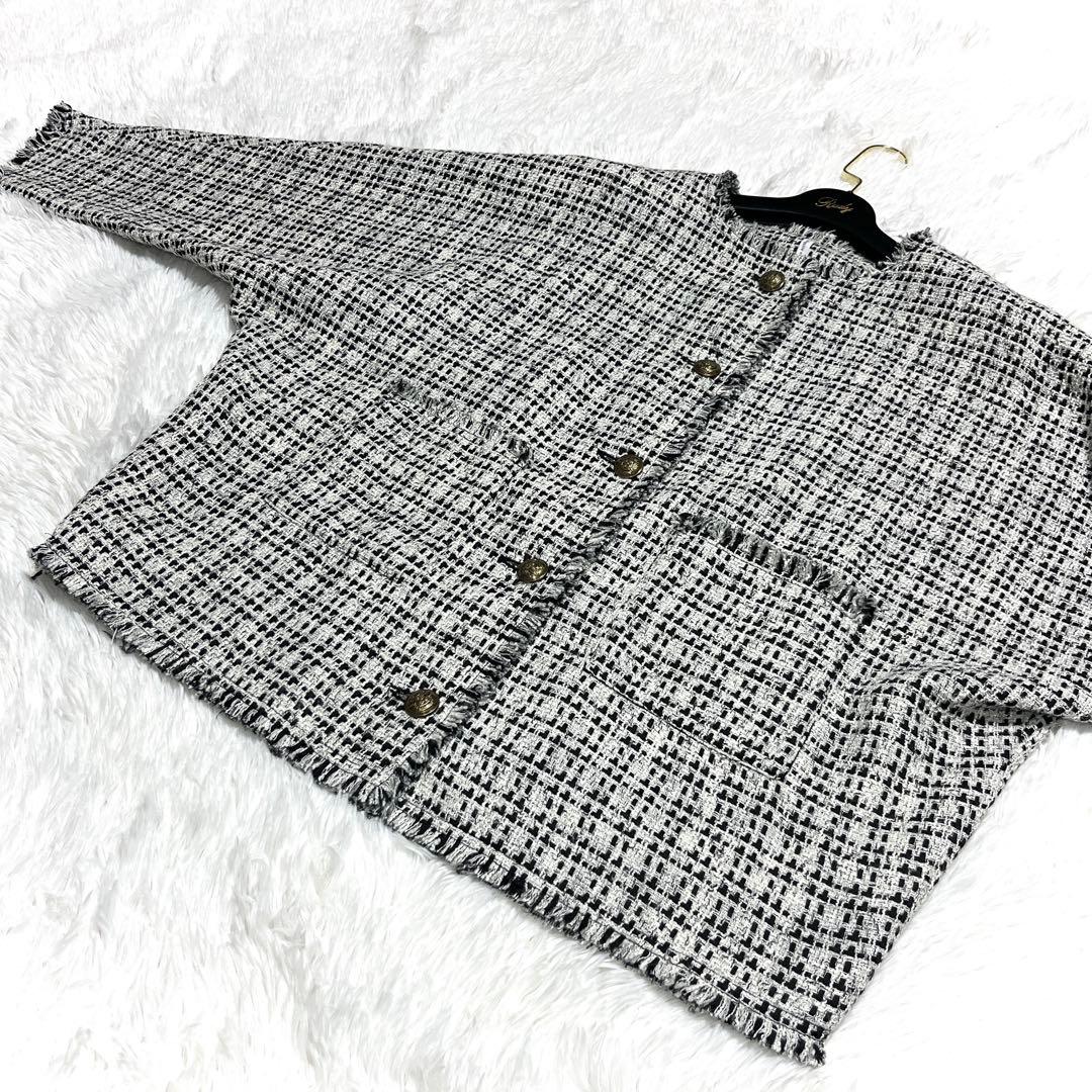 美品 ディニテコリエ ノーカラー ツイード ジャケット ドルマン ホワイト