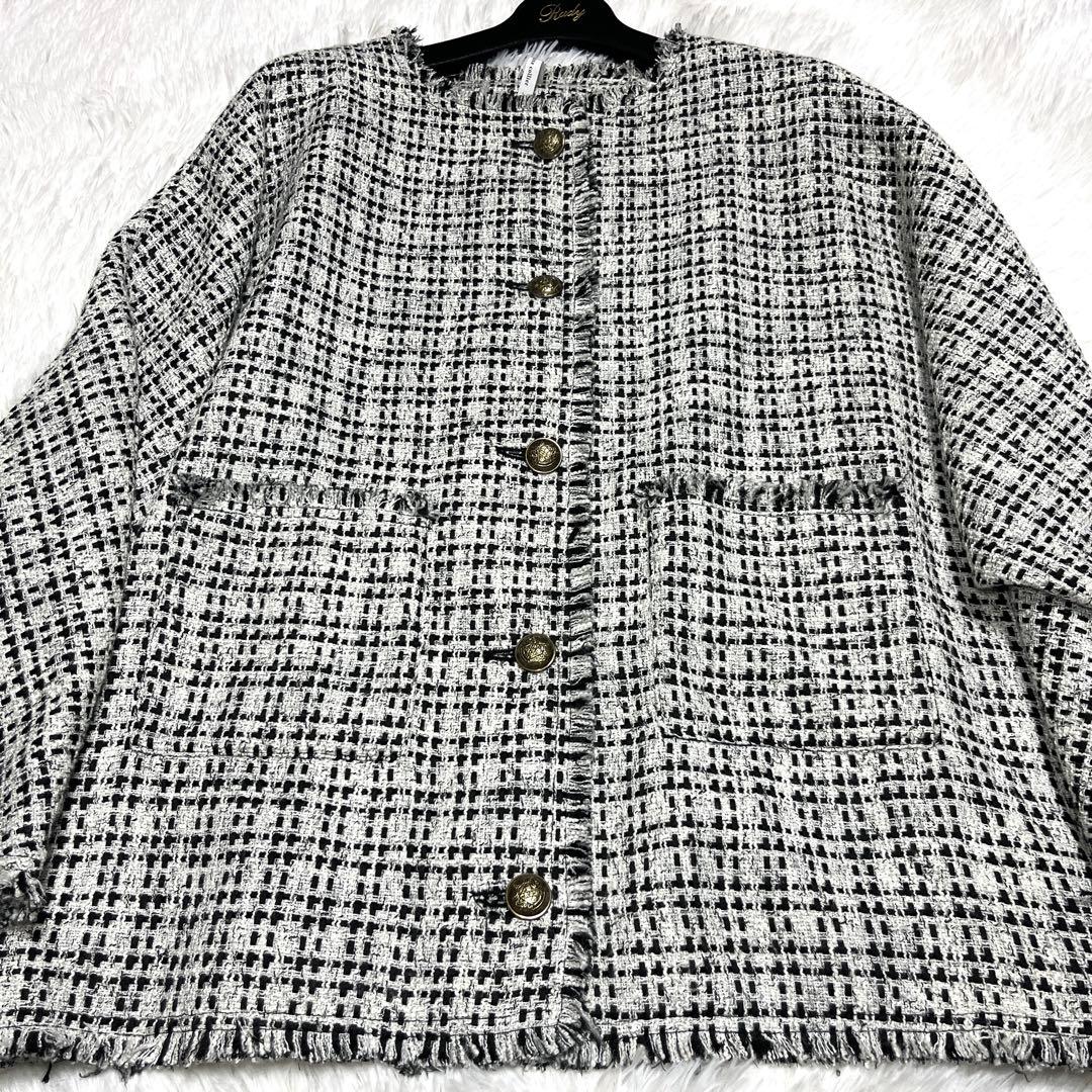 美品 ディニテコリエ ノーカラー ツイード ジャケット ドルマン ホワイト