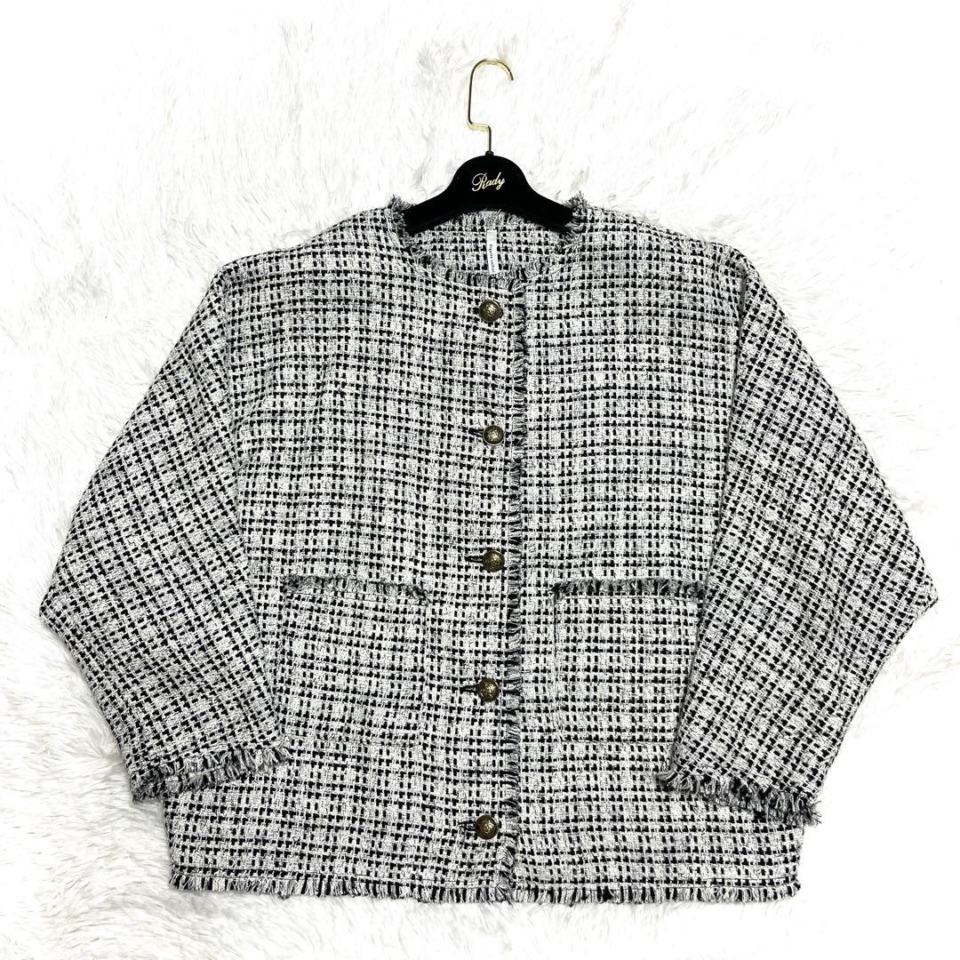 美品 ディニテコリエ ノーカラー ツイード ジャケット ドルマン ホワイト