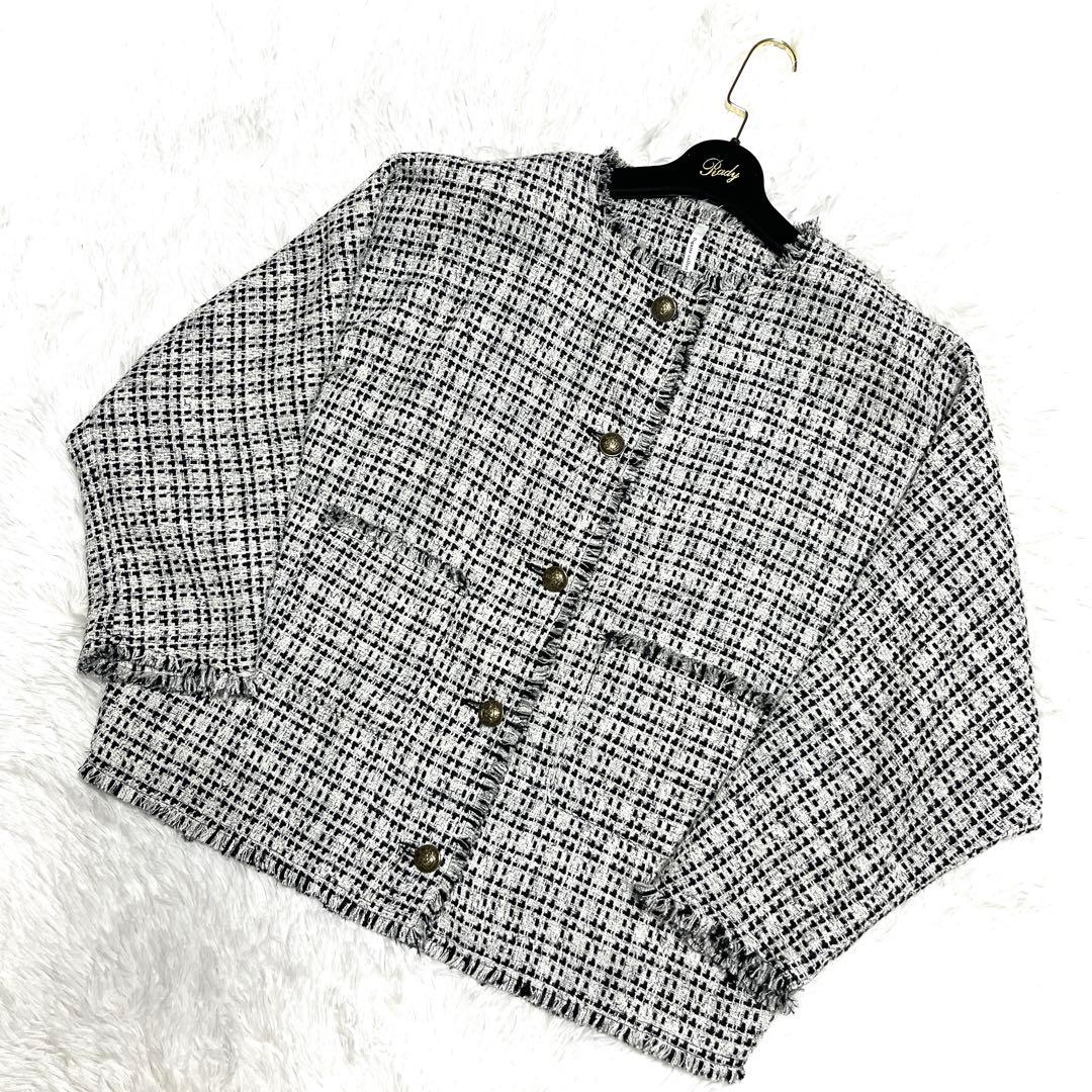 美品 ディニテコリエ ノーカラー ツイード ジャケット ドルマン ホワイト