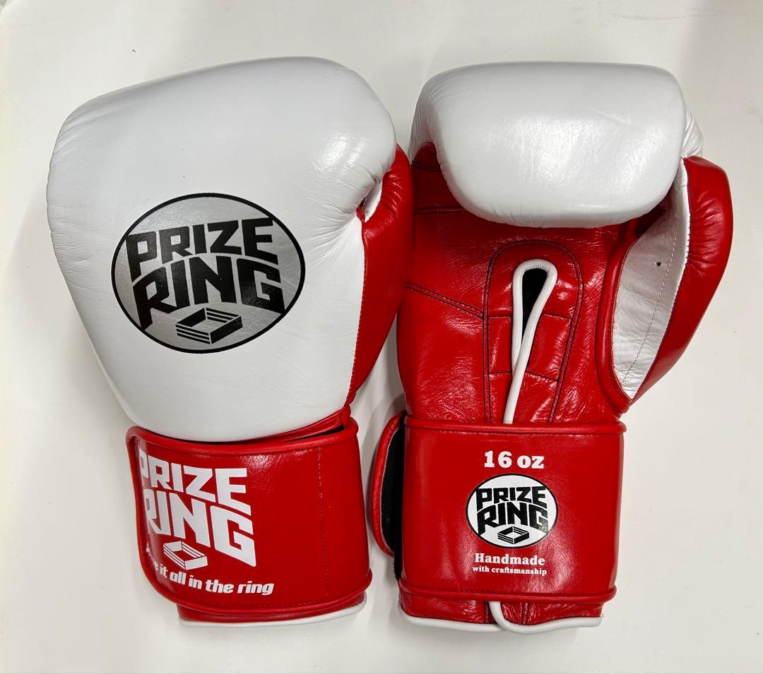 プライズリング　ボクシンググローブ　本革製 白/赤16oz