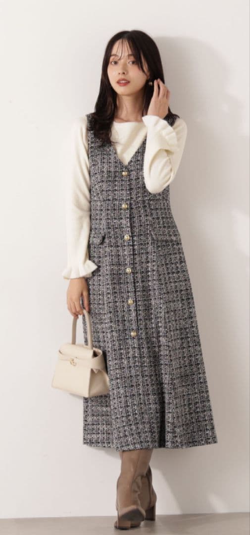 ミックスツイードジャンパースカート。 ブラック系。Mサイズ