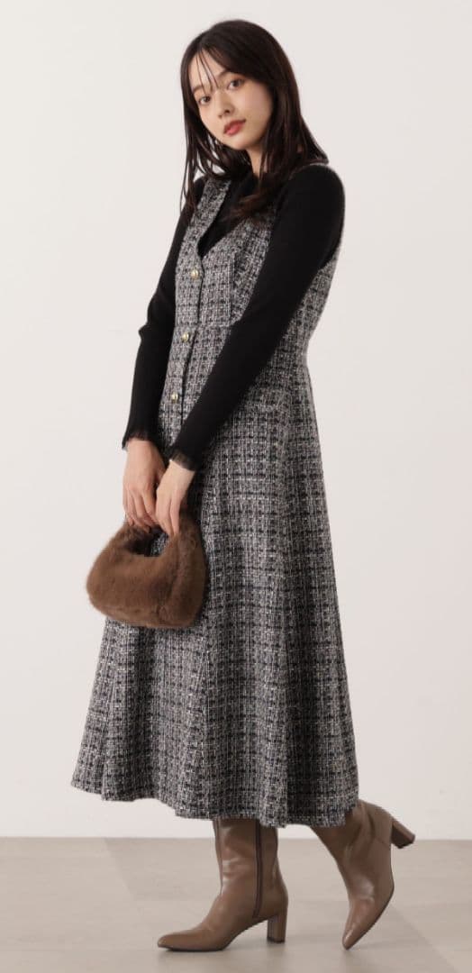 ミックスツイードジャンパースカート。 ブラック系。Mサイズ
