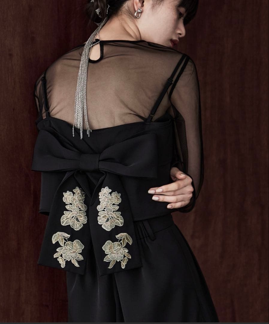 3piece刺繍リボンビスチェ＆タックワイドパンツセットアップ