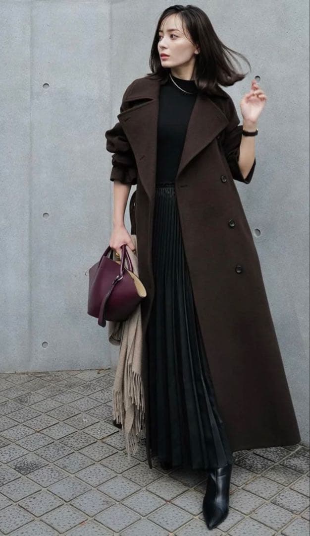 anuans アニュアンスダークブラウン ロングコート ベルト付き