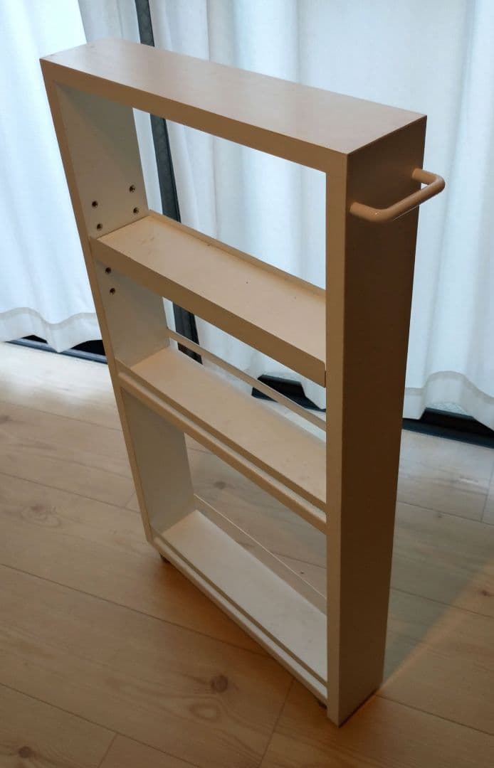 ホワイト木製キッチンワゴン ハンドル付き 隙間収納9.5cm