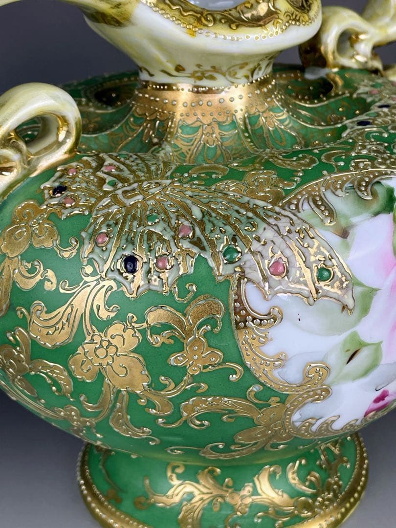 【美品】オールドノリタケ ジュエル 翠地金盛り蝶 薔薇紋花瓶 ジュール エナメル