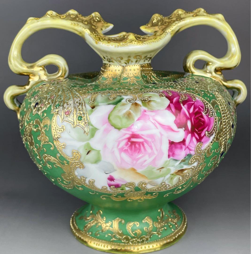 【美品】オールドノリタケ ジュエル 翠地金盛り蝶 薔薇紋花瓶 ジュール エナメル