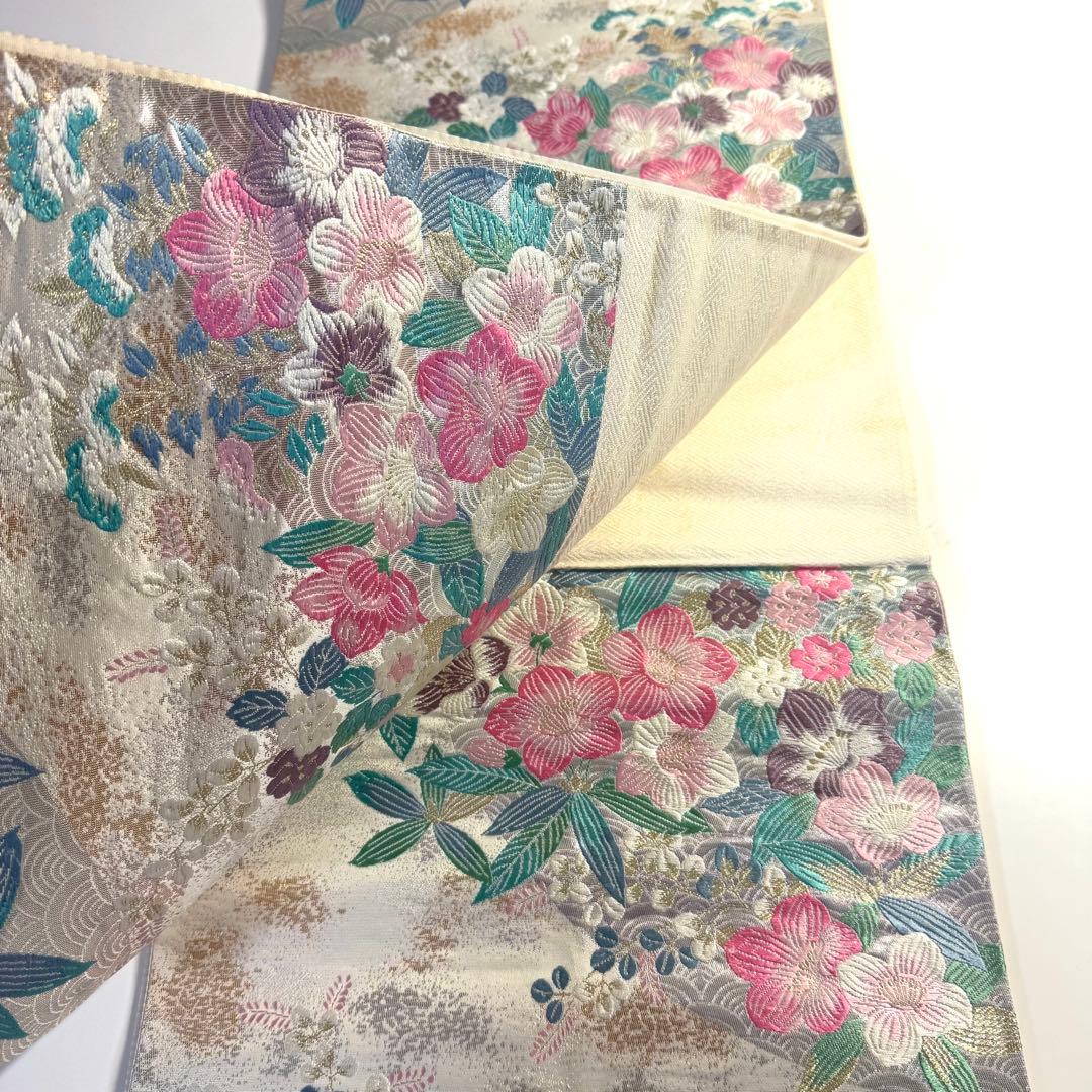 5k2413 袋帯　絹　本金箔　九百錦　白　銀色　ピンク　金色　緑　紫　青　花柄