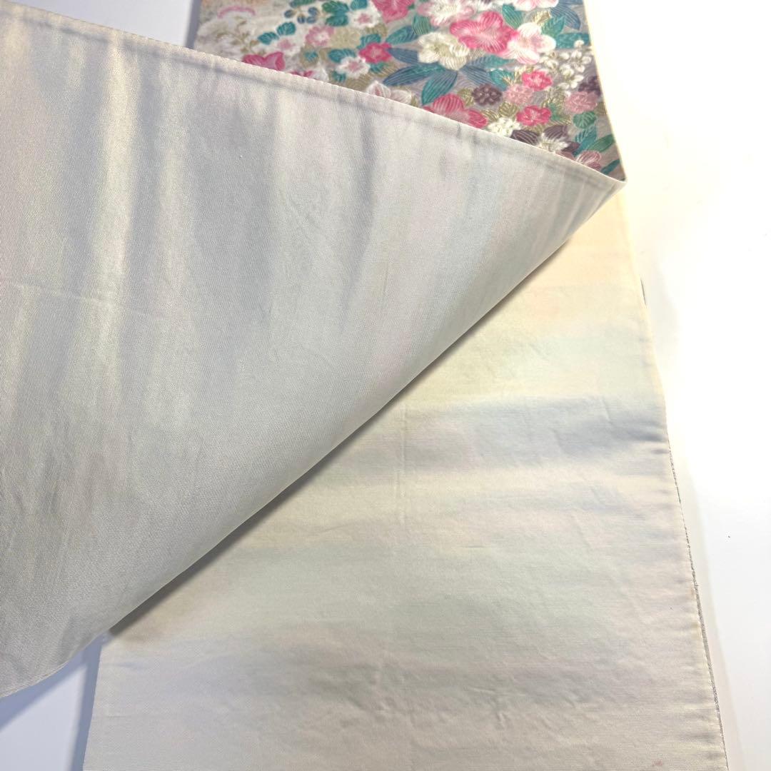 5k2413 袋帯　絹　本金箔　九百錦　白　銀色　ピンク　金色　緑　紫　青　花柄