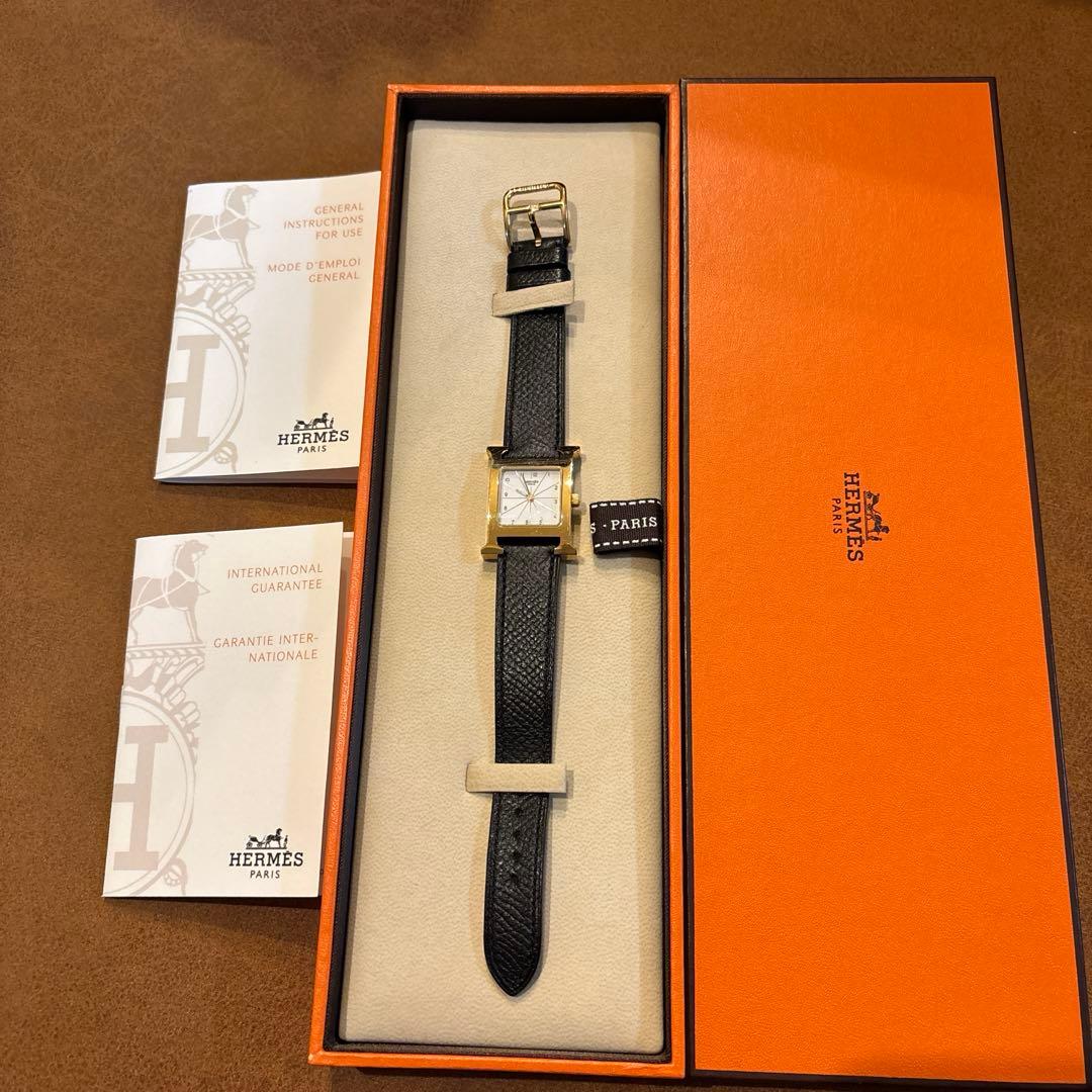 エルメス　Hウォッチ　白文字盤　ブラックレザーベルト　稼動品