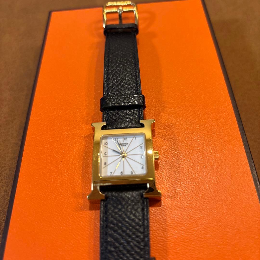 エルメス　Hウォッチ　白文字盤　ブラックレザーベルト　稼動品
