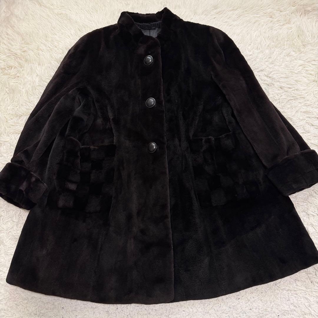 美品　エンバ　シェアードミンク　毛皮　ファーコート　総柄裏地　市松模様