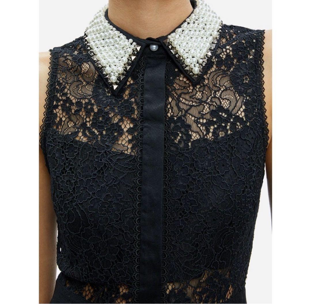 【新品未使用】アリスアンドオリビア総レースワンピース襟ビジュー黒ノースリーブ2