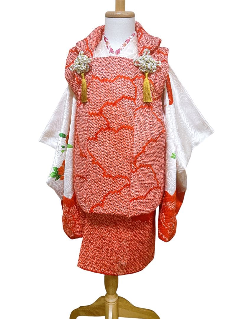 総絞り被布セット♡七五三　3歳　女の子　フルセット　一式　正絹　朱色