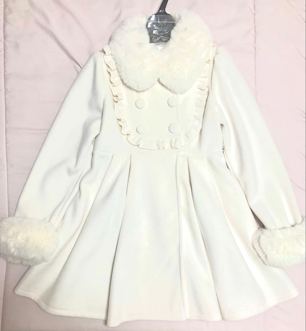 【新品未使用】ホワイト フリルファーコートベルト付き［ROJITA］