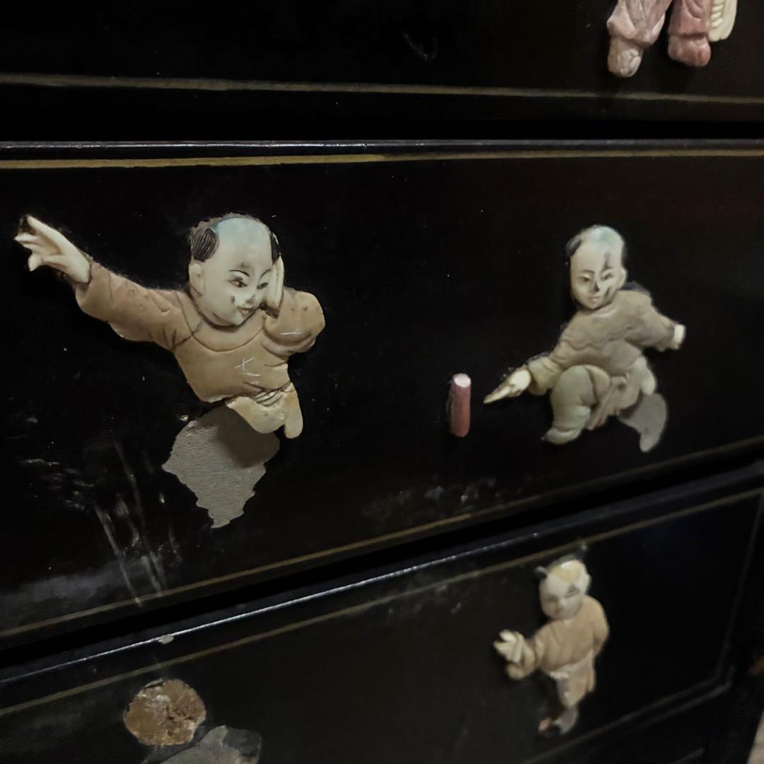 中国箪笥 黒漆 玉石細工 唐子 女官 花鳥図 中国美術 中国古玩 アンティーク