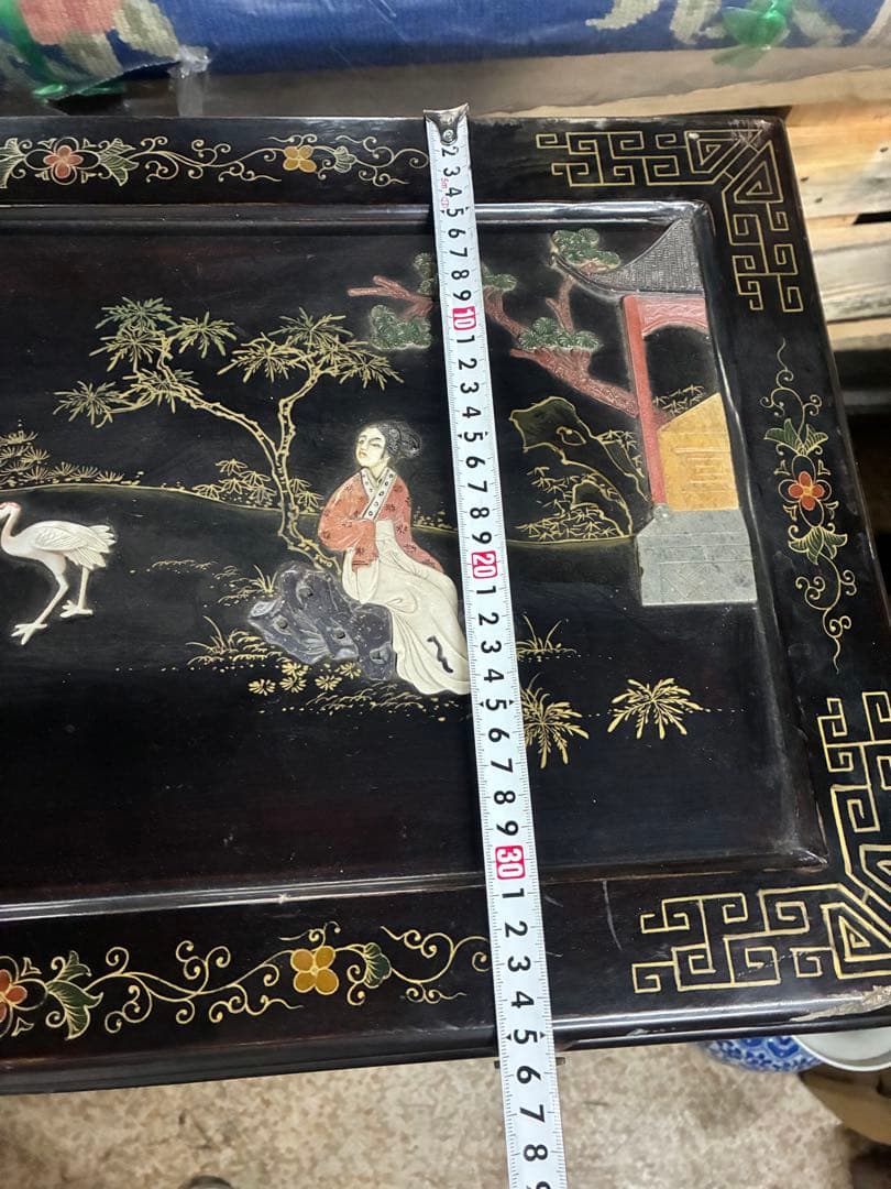 中国箪笥 黒漆 玉石細工 唐子 女官 花鳥図 中国美術 中国古玩 アンティーク