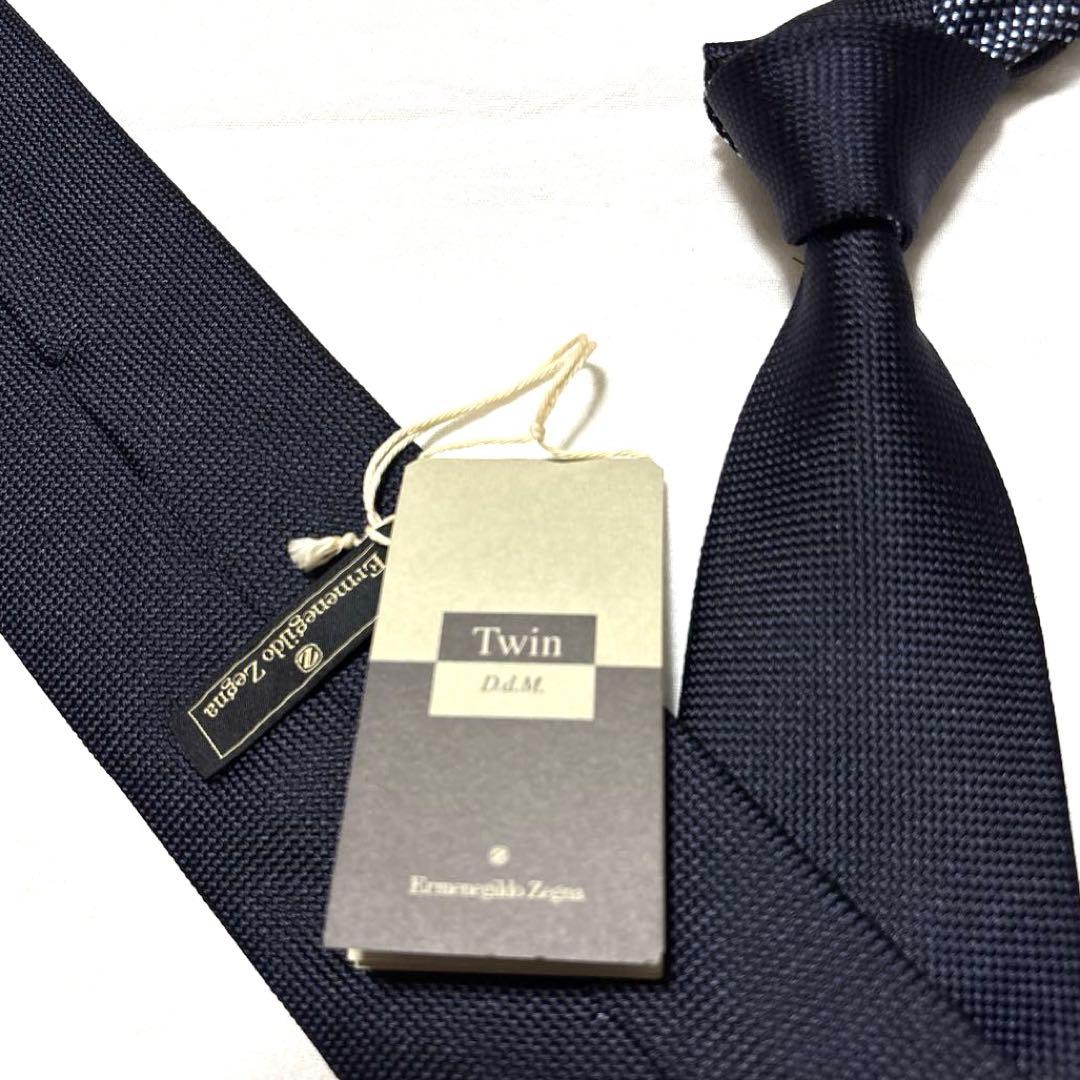 新品タグ付　エルメネジルドゼニア　ネクタイ　ネイビー　無地　ソリッド　ツインタイ