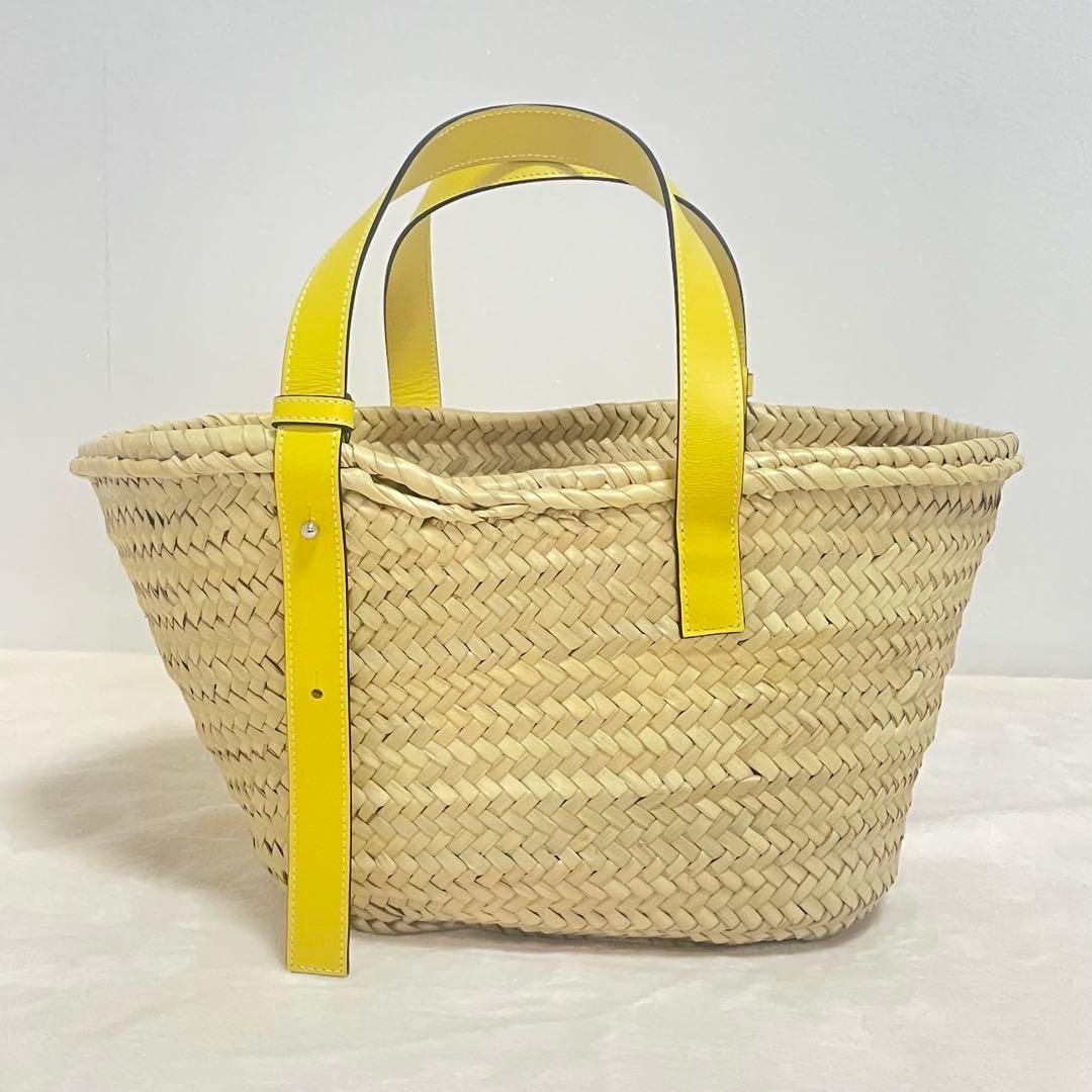 新品同様　ロエベ　バスケットバッグ　イエロー　ミディアムサイズ　ヤシの葉&カーフ