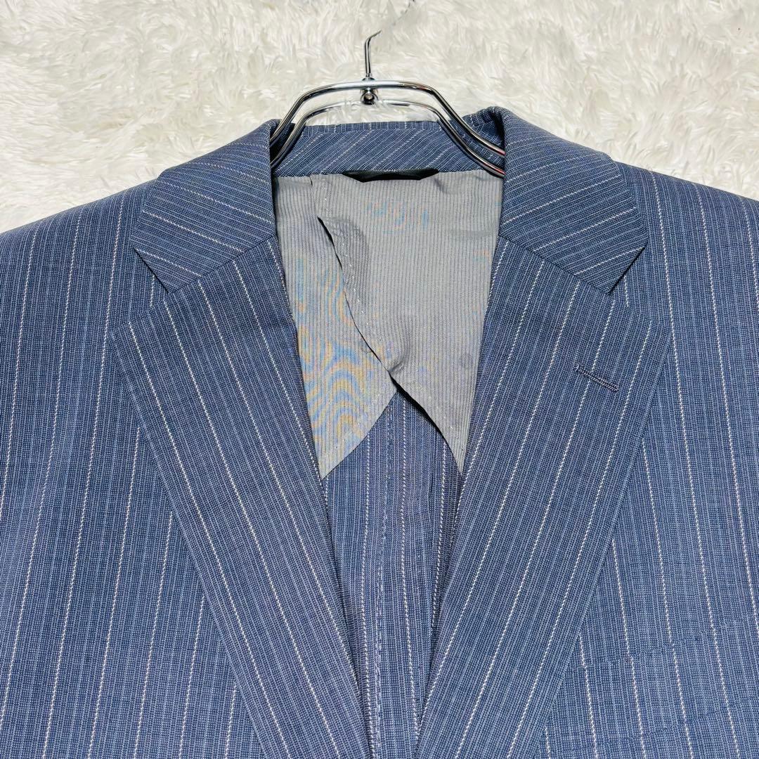 希少カラー ランバン 3ピース 高級 スーツ モヘヤ混 ブルー ストライプ M