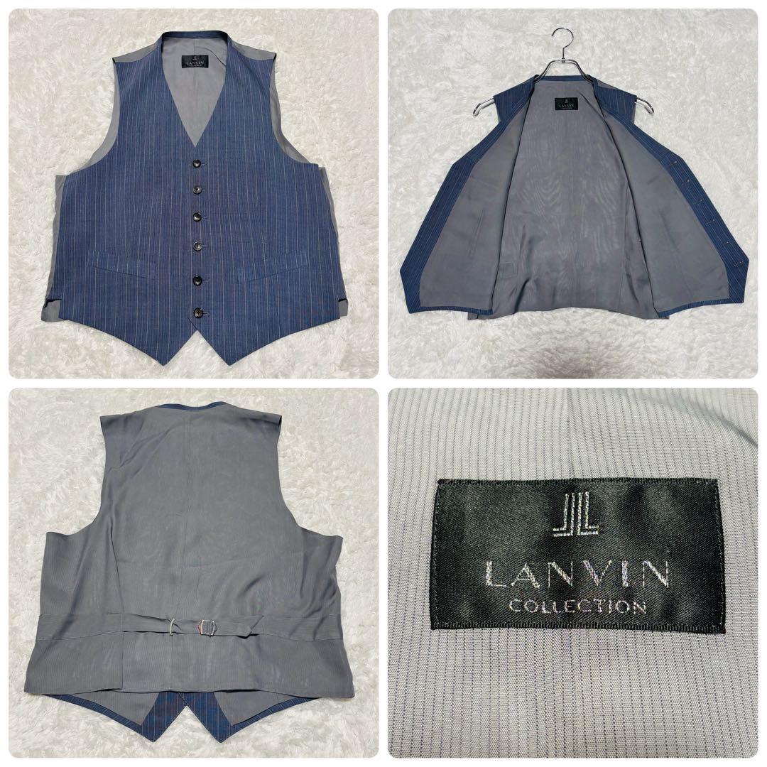 希少カラー ランバン 3ピース 高級 スーツ モヘヤ混 ブルー ストライプ M